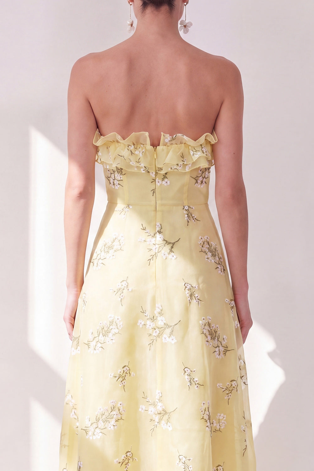 Yellow A-Line Strapless Chiffon Ruffled Midi Floral Dress