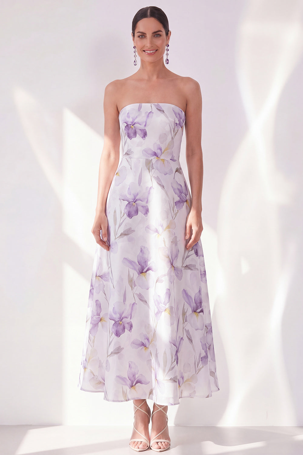 Robe midi bustier évasée en mousseline couleur lilas