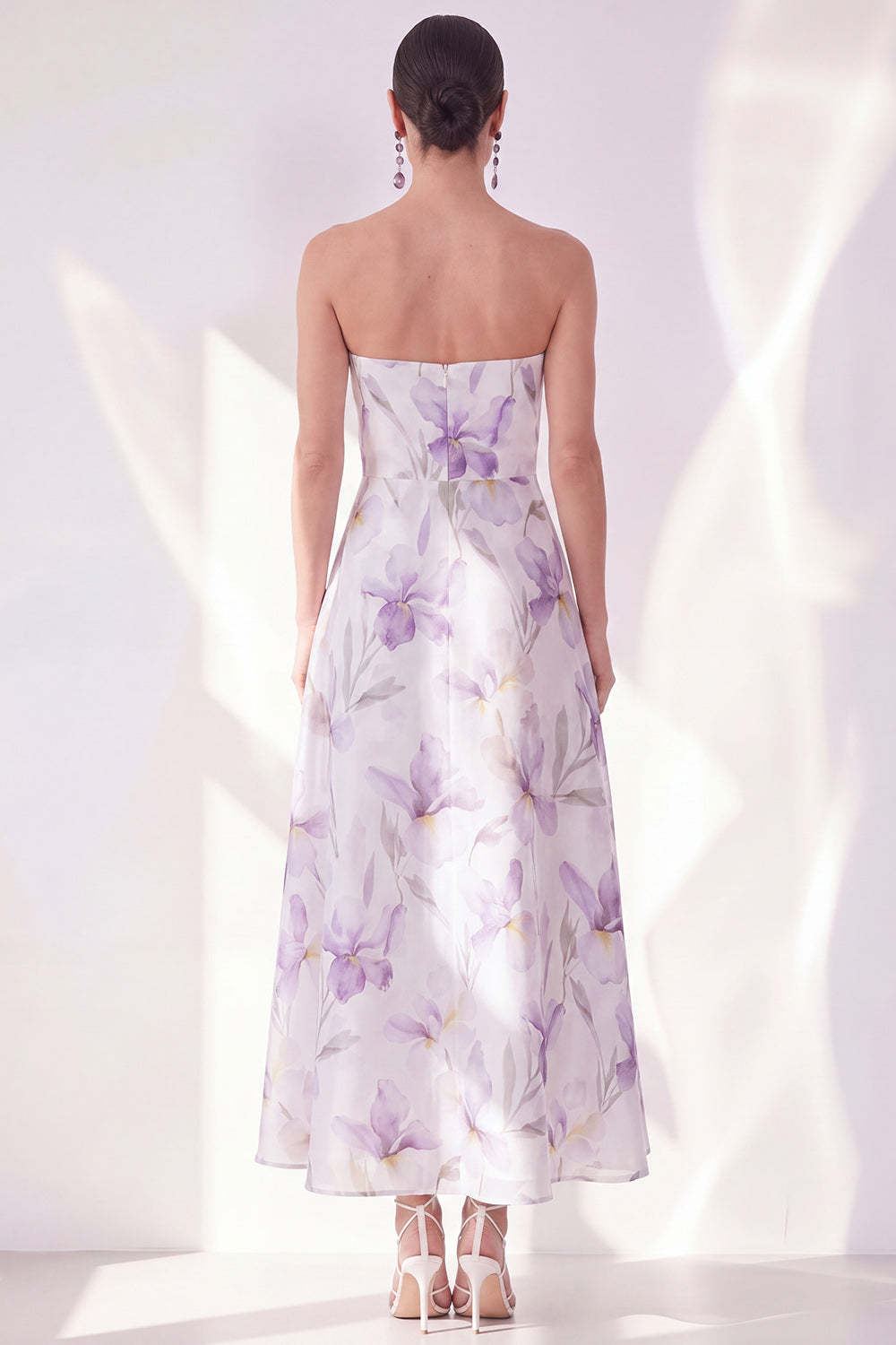 Robe midi bustier évasée en mousseline couleur lilas