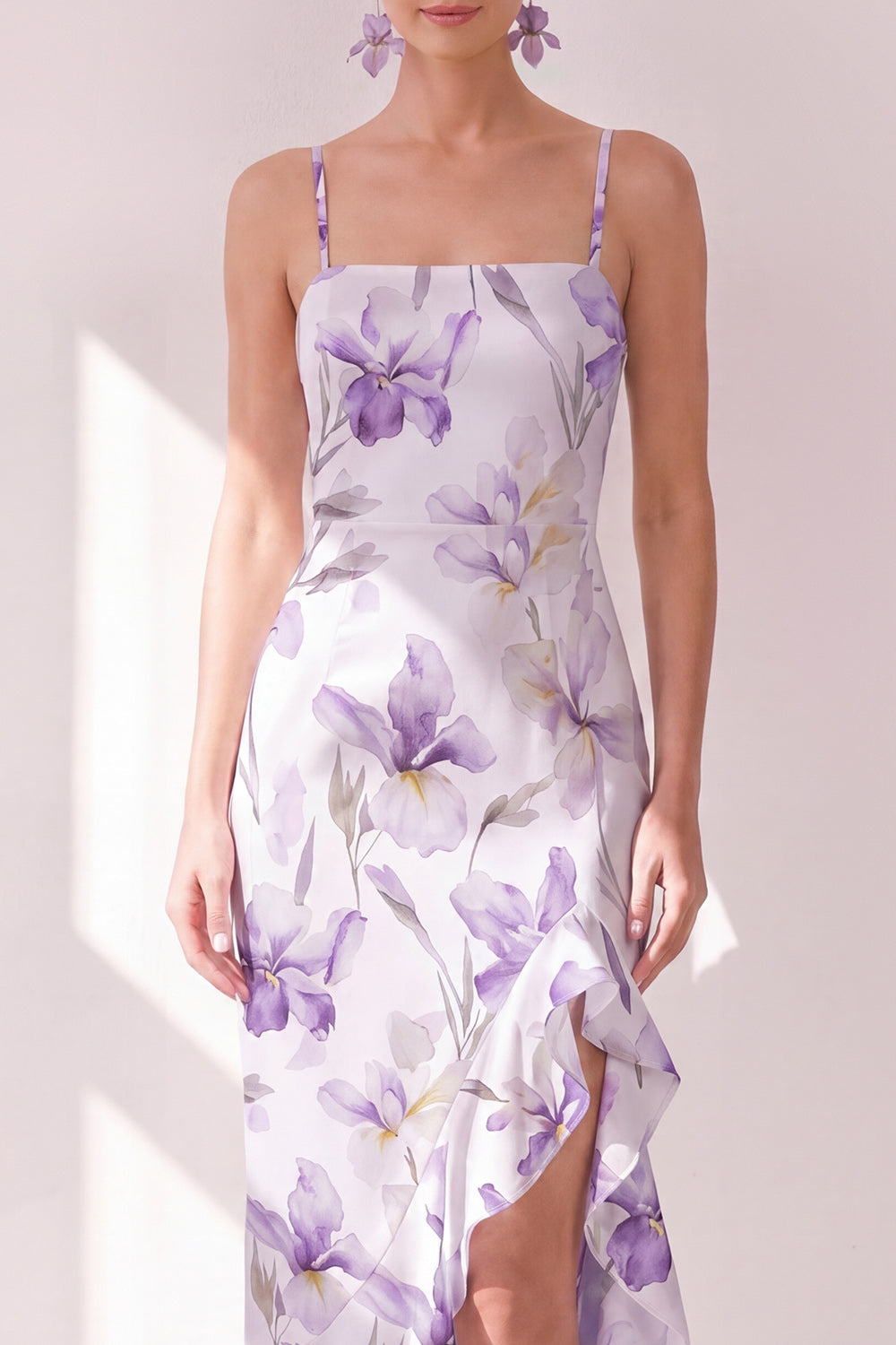 Lilac Flower Spaghetti Straps Chiffon Sheath Ruffled Midi Dress with Slit