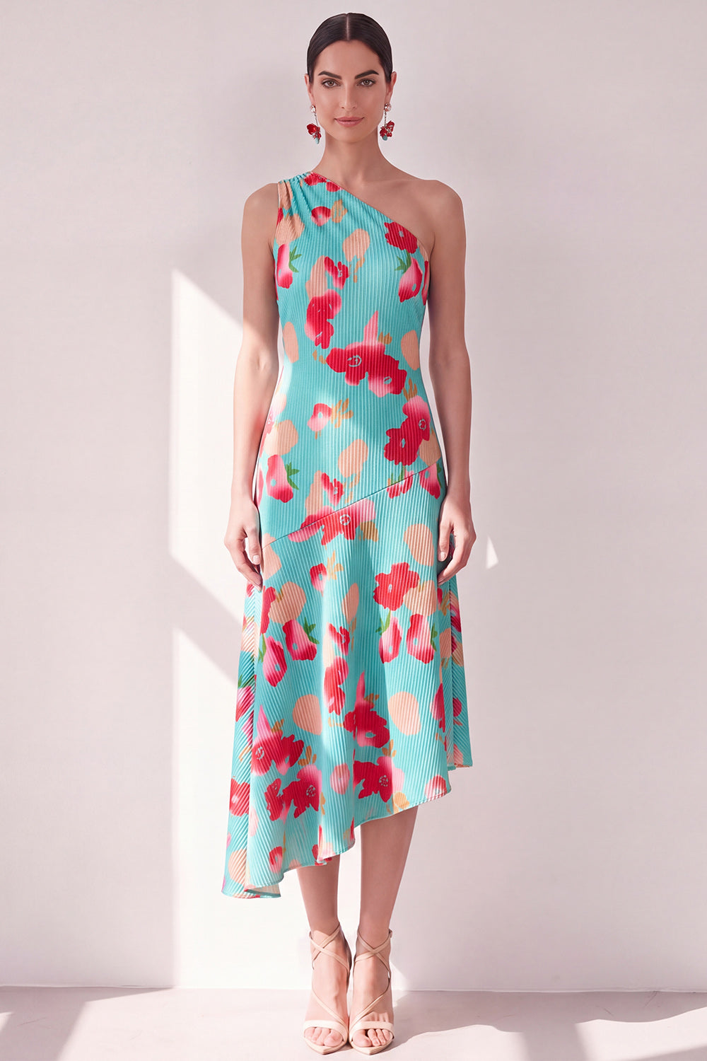 Robe midi asymétrique A-line à une épaule et fleur bleu rouge