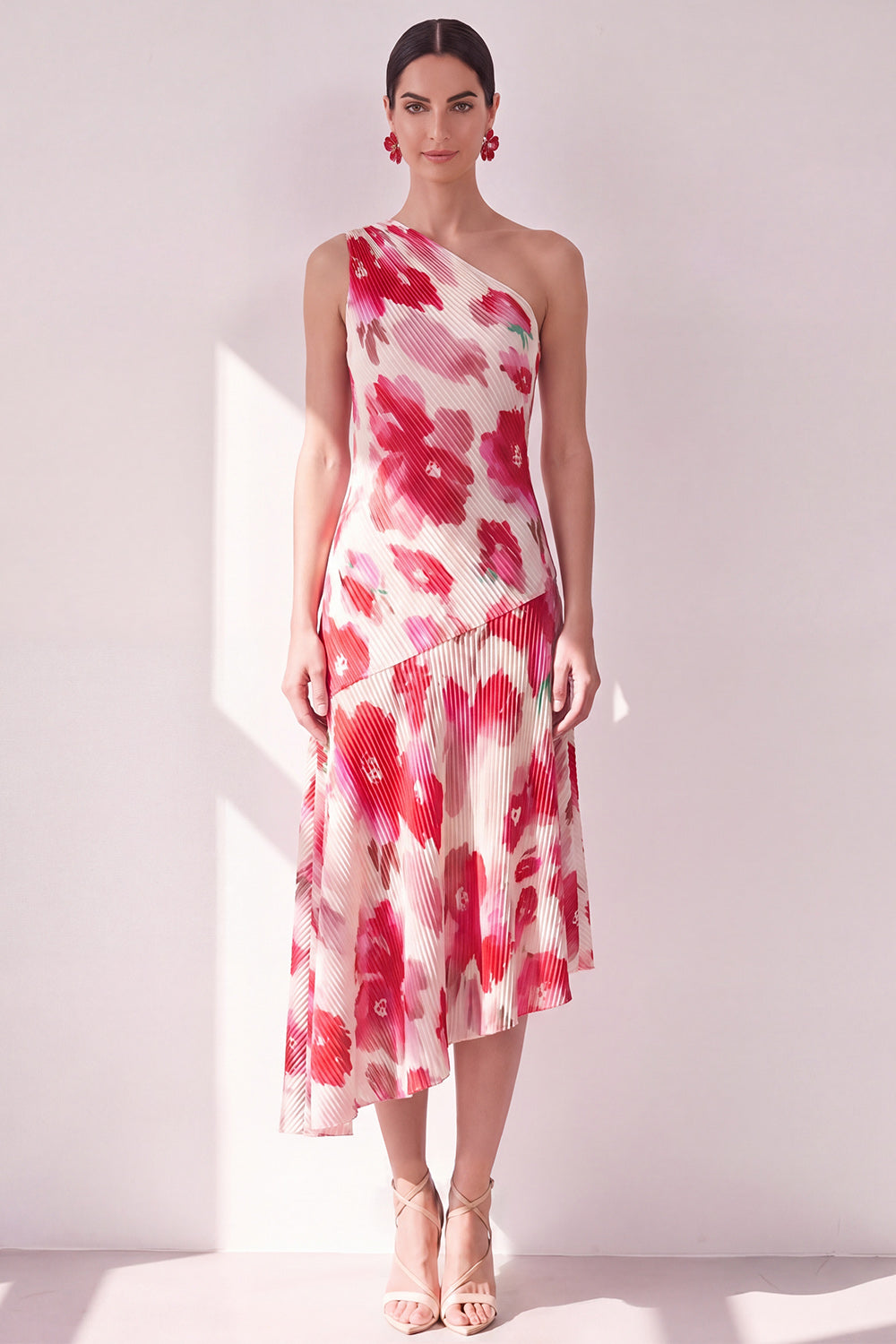 Robe midi asymétrique A-line à une épaule et fleur bleu rouge