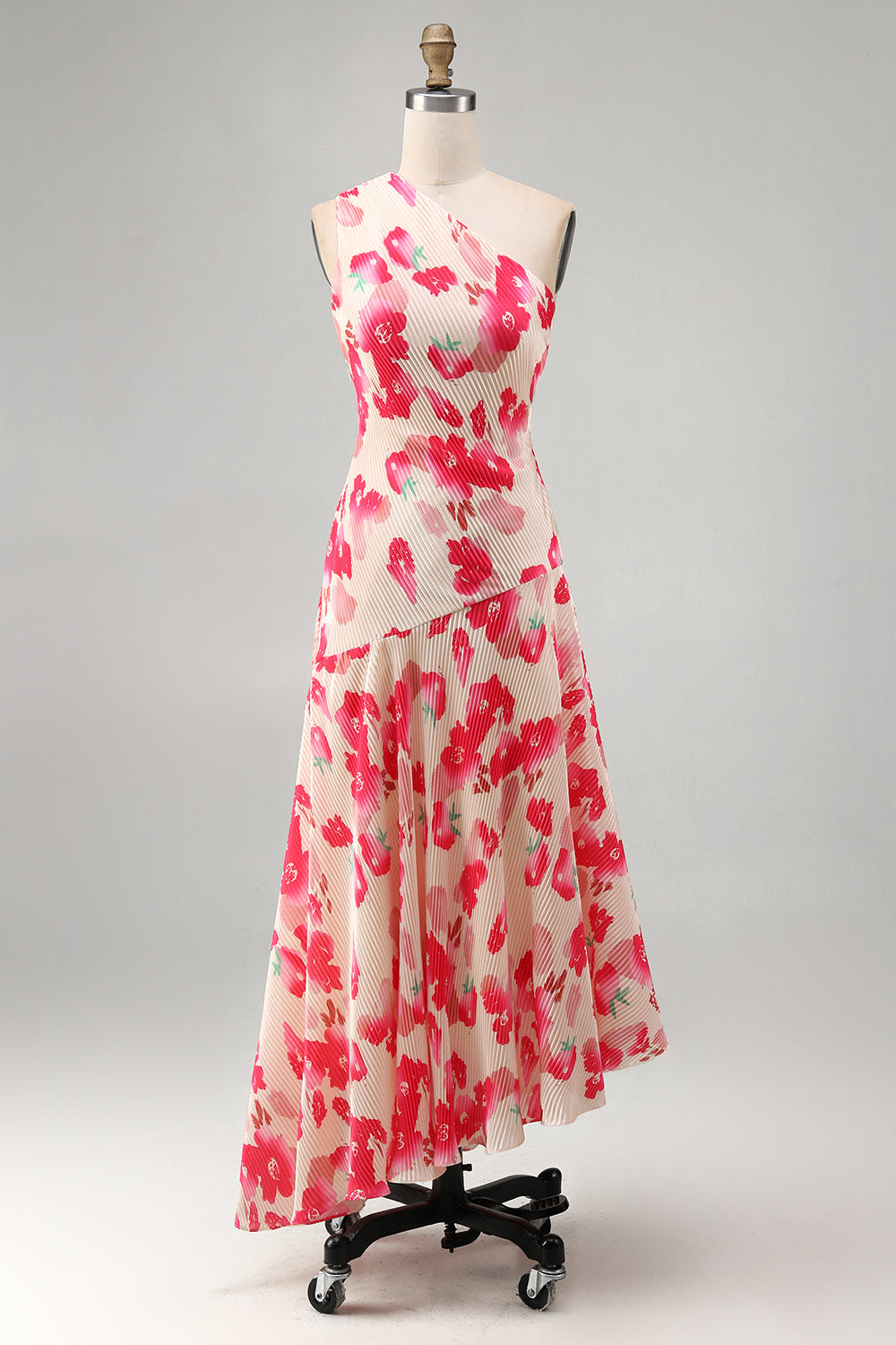 Robe midi asymétrique A-line à une épaule et fleur bleu rouge