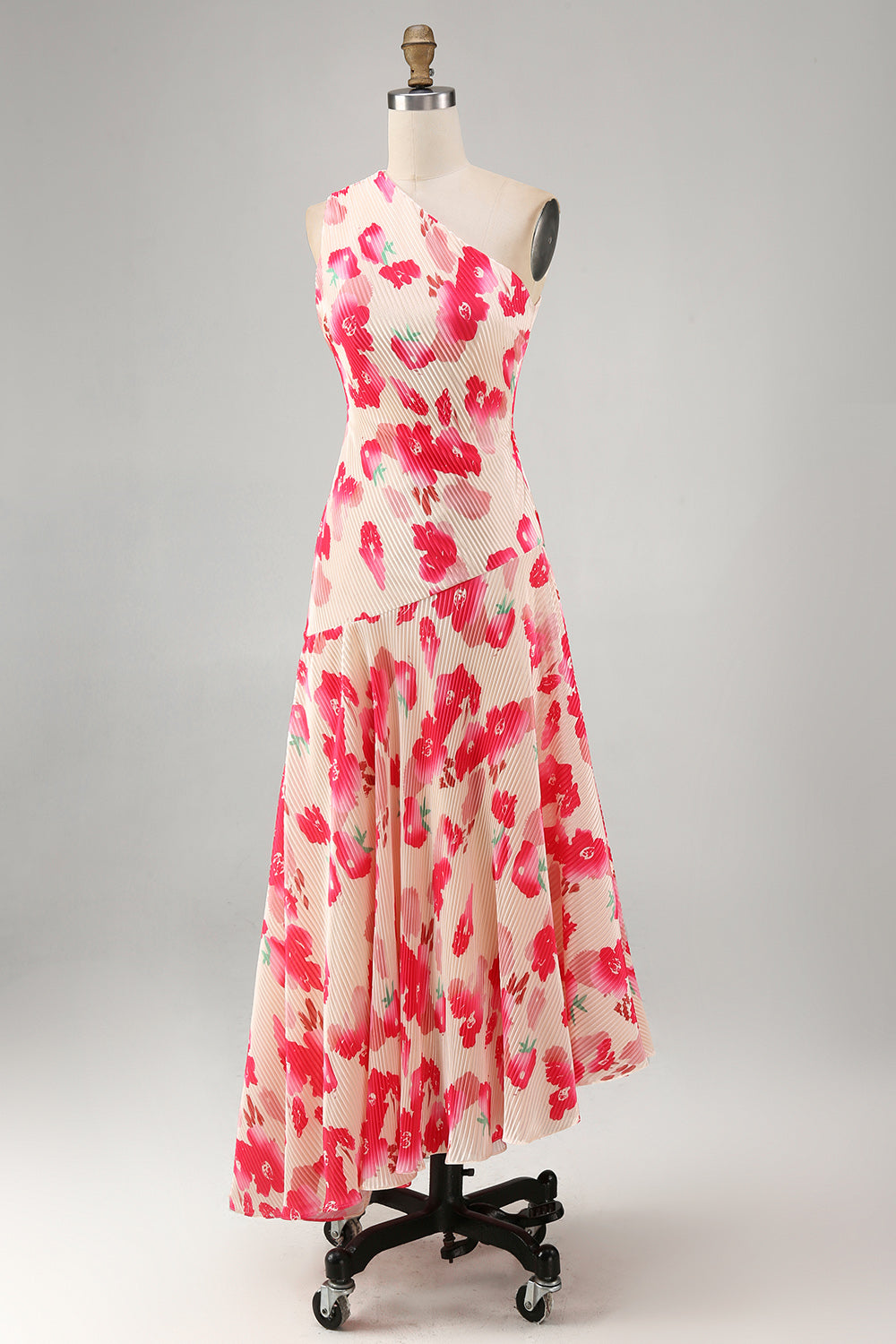 Robe midi asymétrique A-line à une épaule et fleur bleu rouge