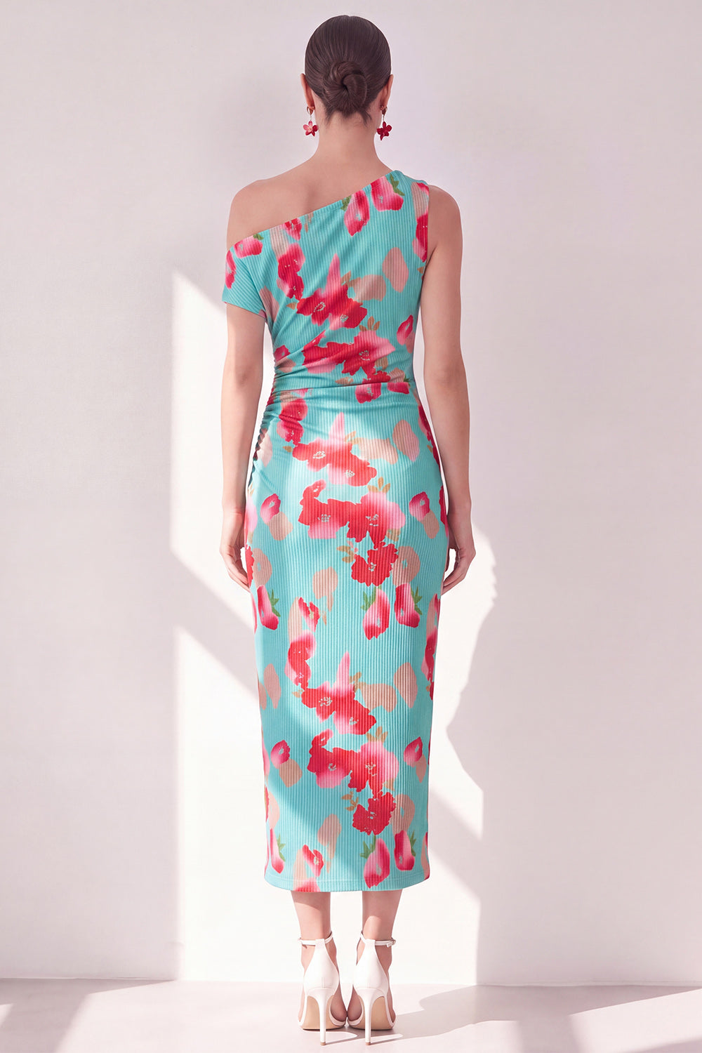 Blue Red Flower One Shoulder Bodycon Ruched Midi Dress
