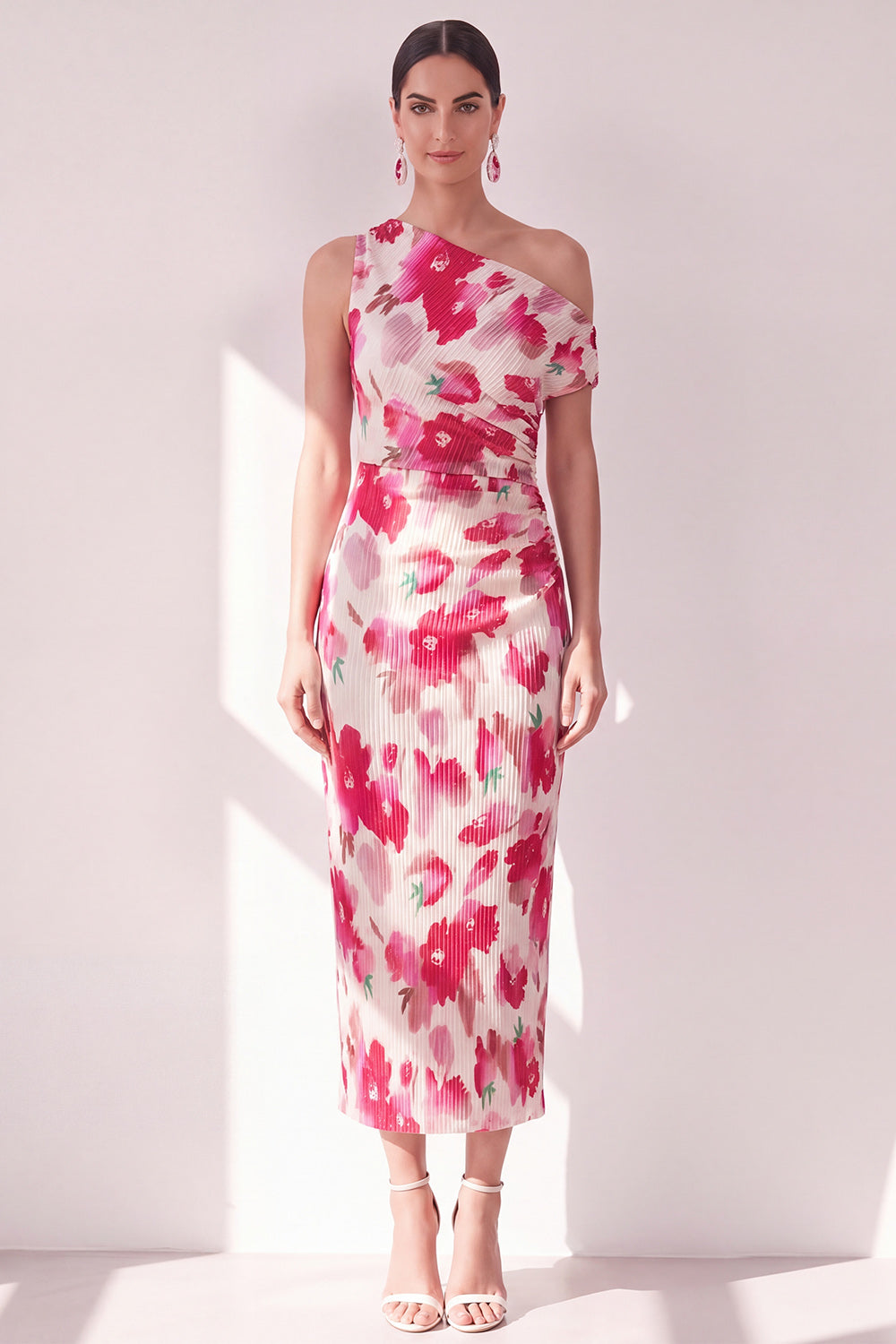 Blue Red Flower One Shoulder Bodycon Ruched Midi Dress