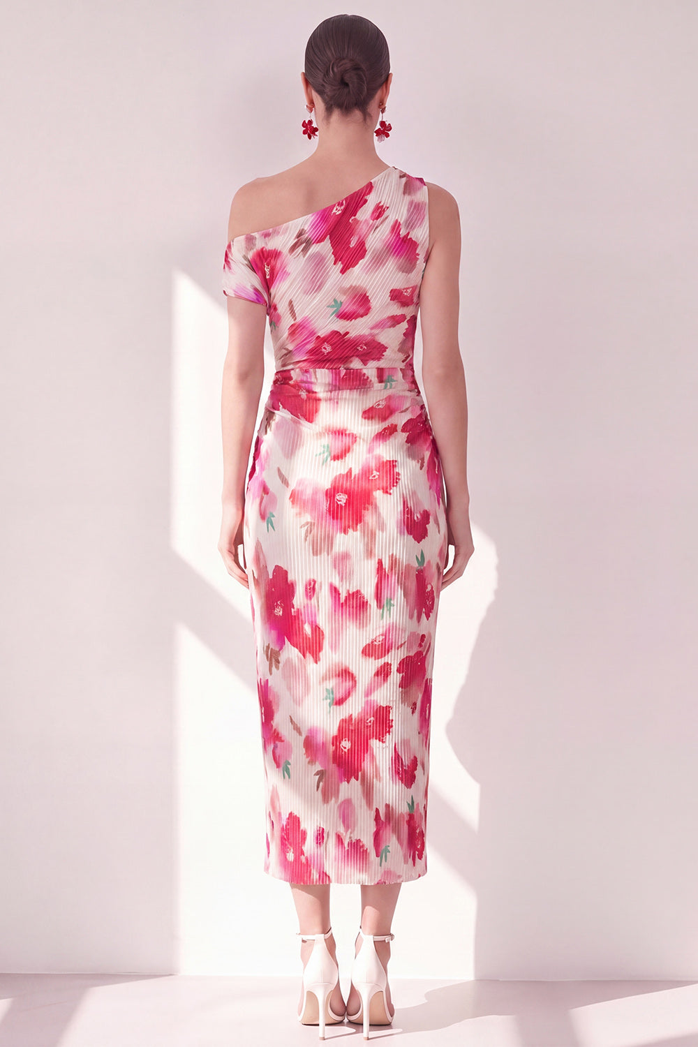 Blue Red Flower One Shoulder Bodycon Ruched Midi Dress