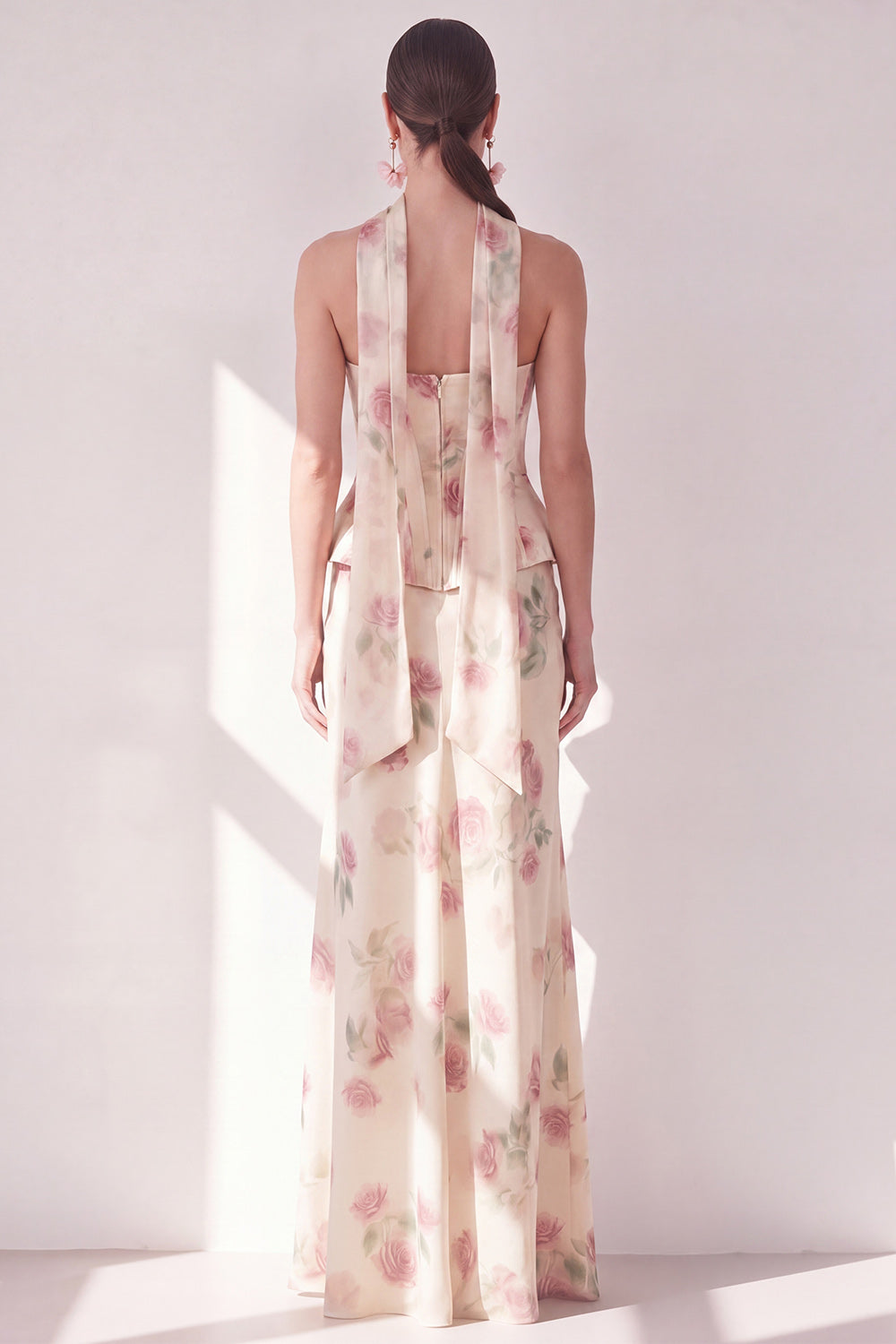 Apricot Strapless Corset Maxi Floral Dress with Neck Scarf