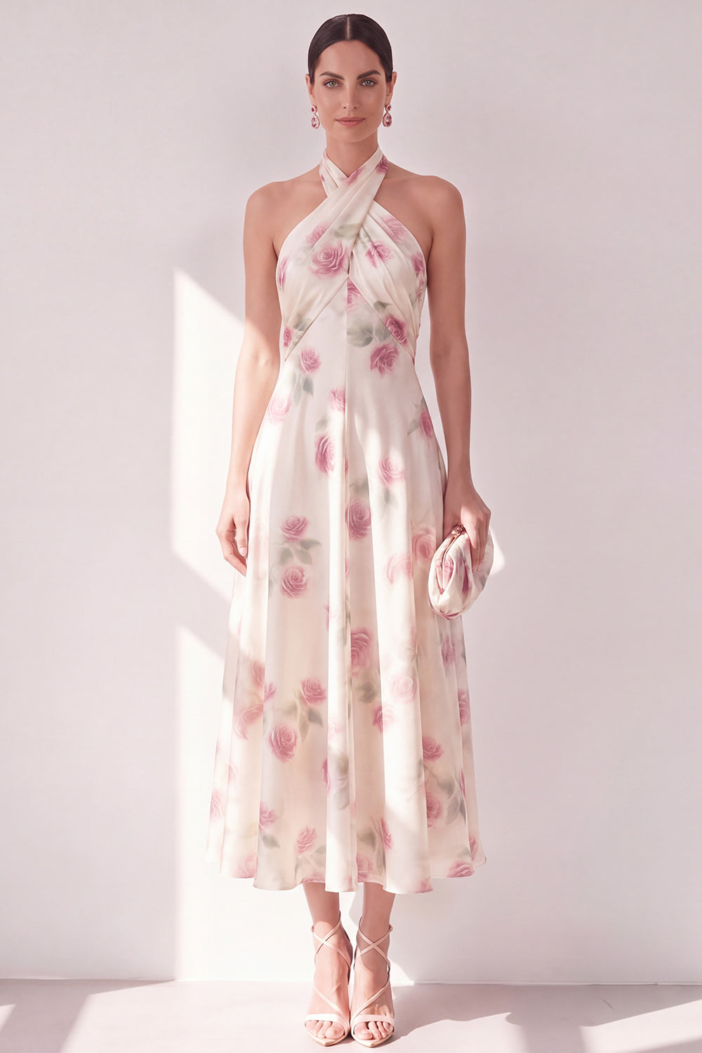 Robe midi évasée à col halter, imprimé floral, abricot