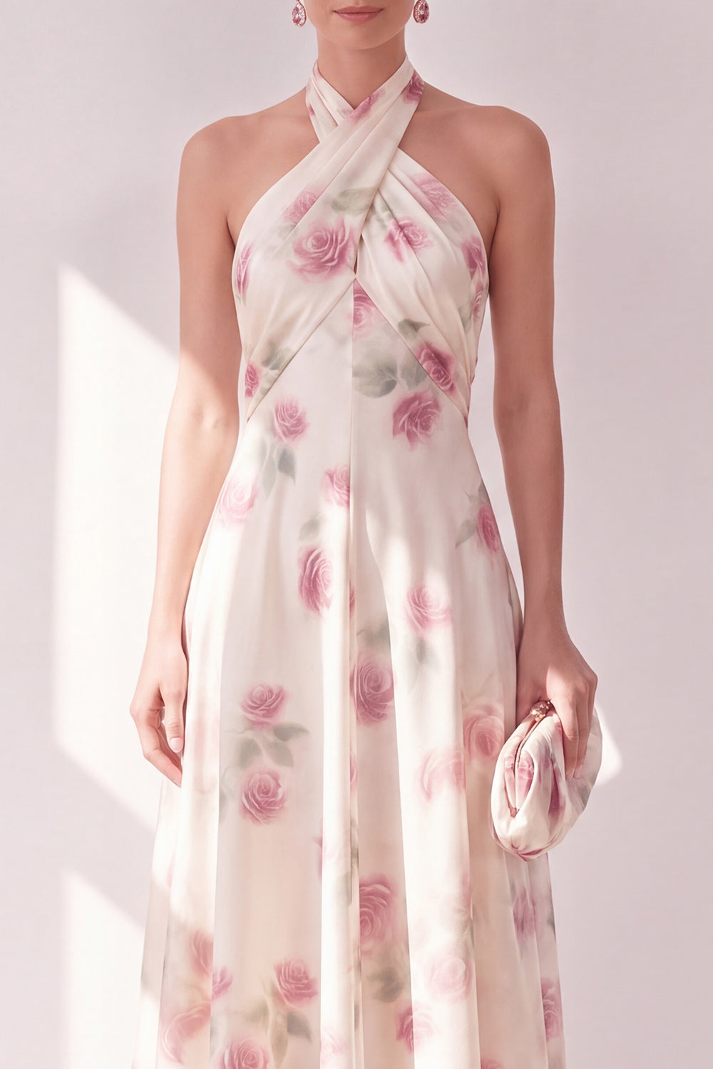 Robe midi évasée à col halter, imprimé floral, abricot