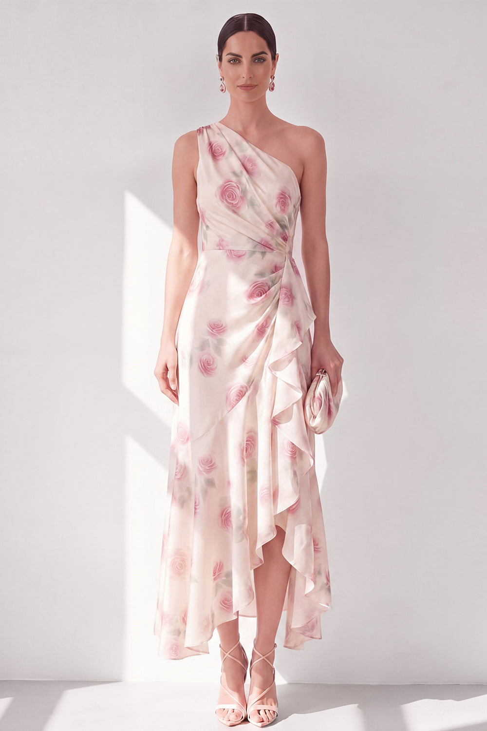 Apricot One Shoulder Chiffon A-Line Maxi Floral Dress with Ruffles