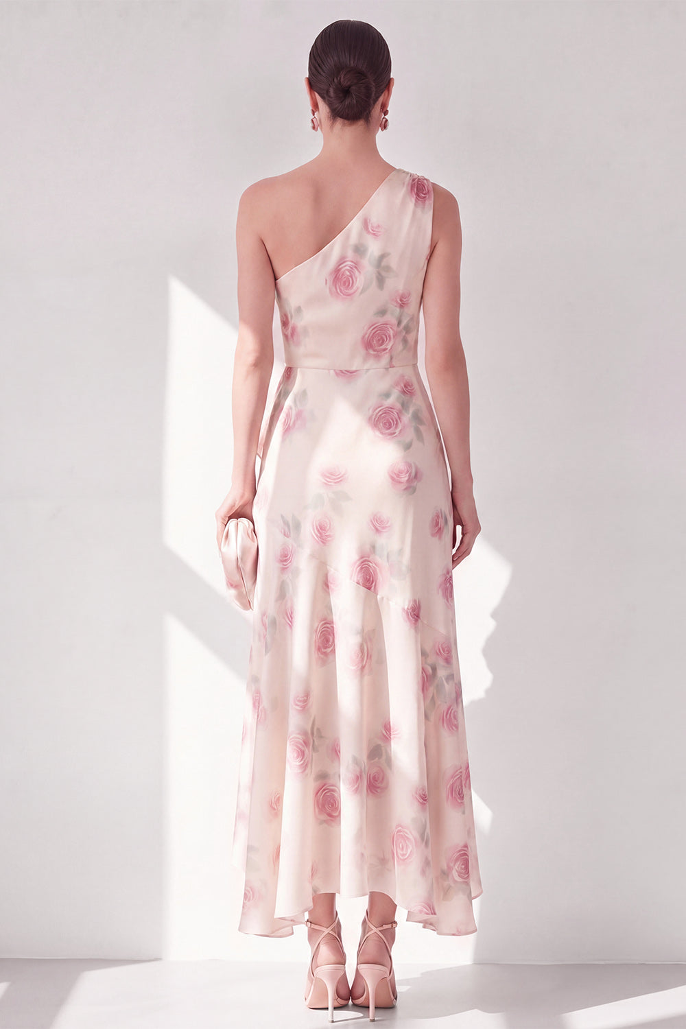 Apricot One Shoulder Chiffon A-Line Maxi Floral Dress with Ruffles