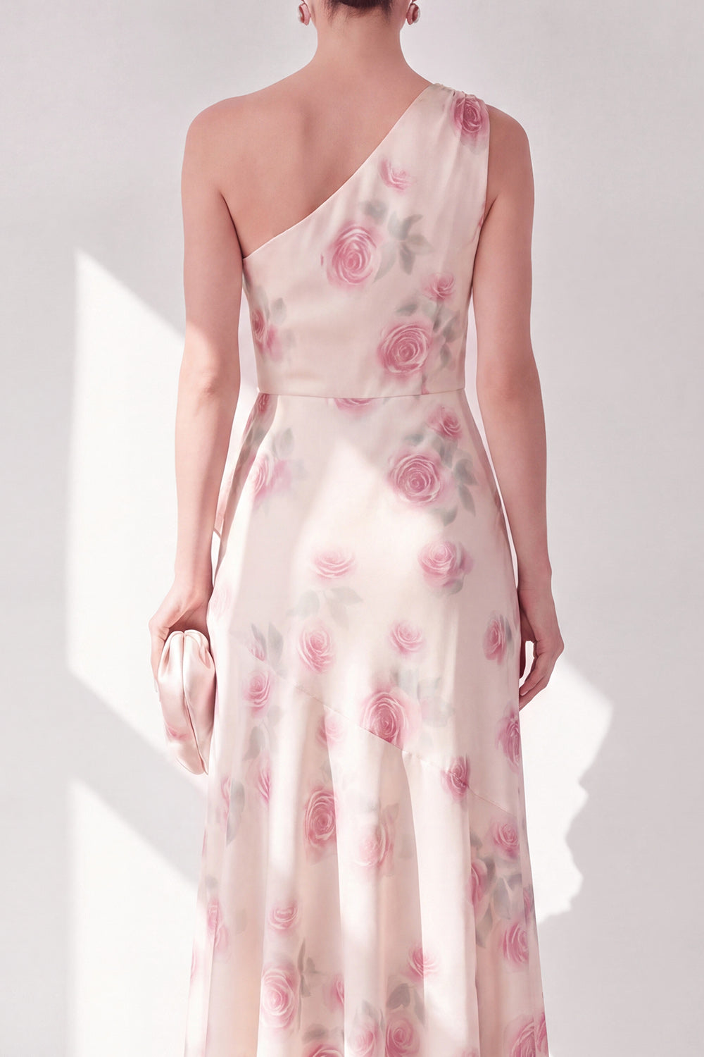 Apricot One Shoulder Chiffon A-Line Maxi Floral Dress with Ruffles