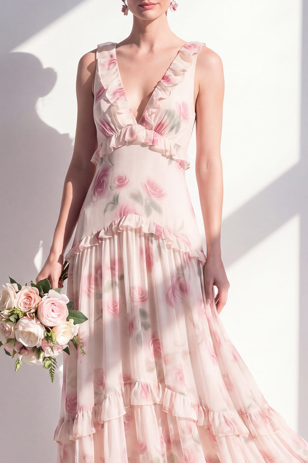 Apricot Floral A-Line V-Neck Chiffon Long Bridesmaid Dress with Ruffles