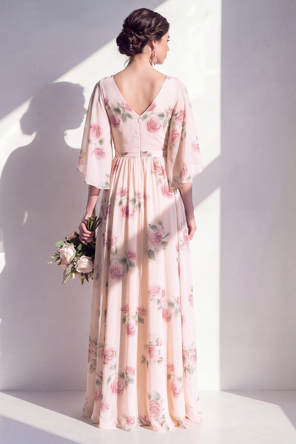 A-Line Apricot Floral Chiffon V-Neck Ruched Long Bridesmaid Dress with Flutter Sleeves
