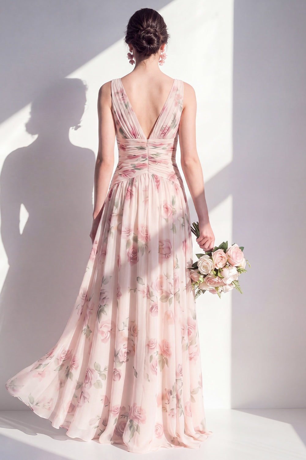 A-Line Apricot Chiffon V-Neck Ruched Floral Long Bridesmaid Dress