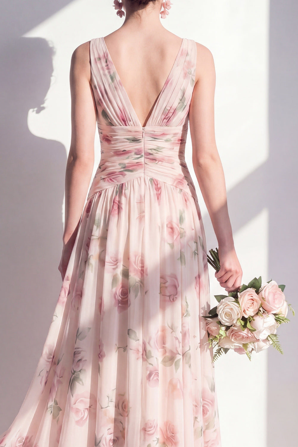 A-Line Apricot Chiffon V-Neck Ruched Floral Long Bridesmaid Dress