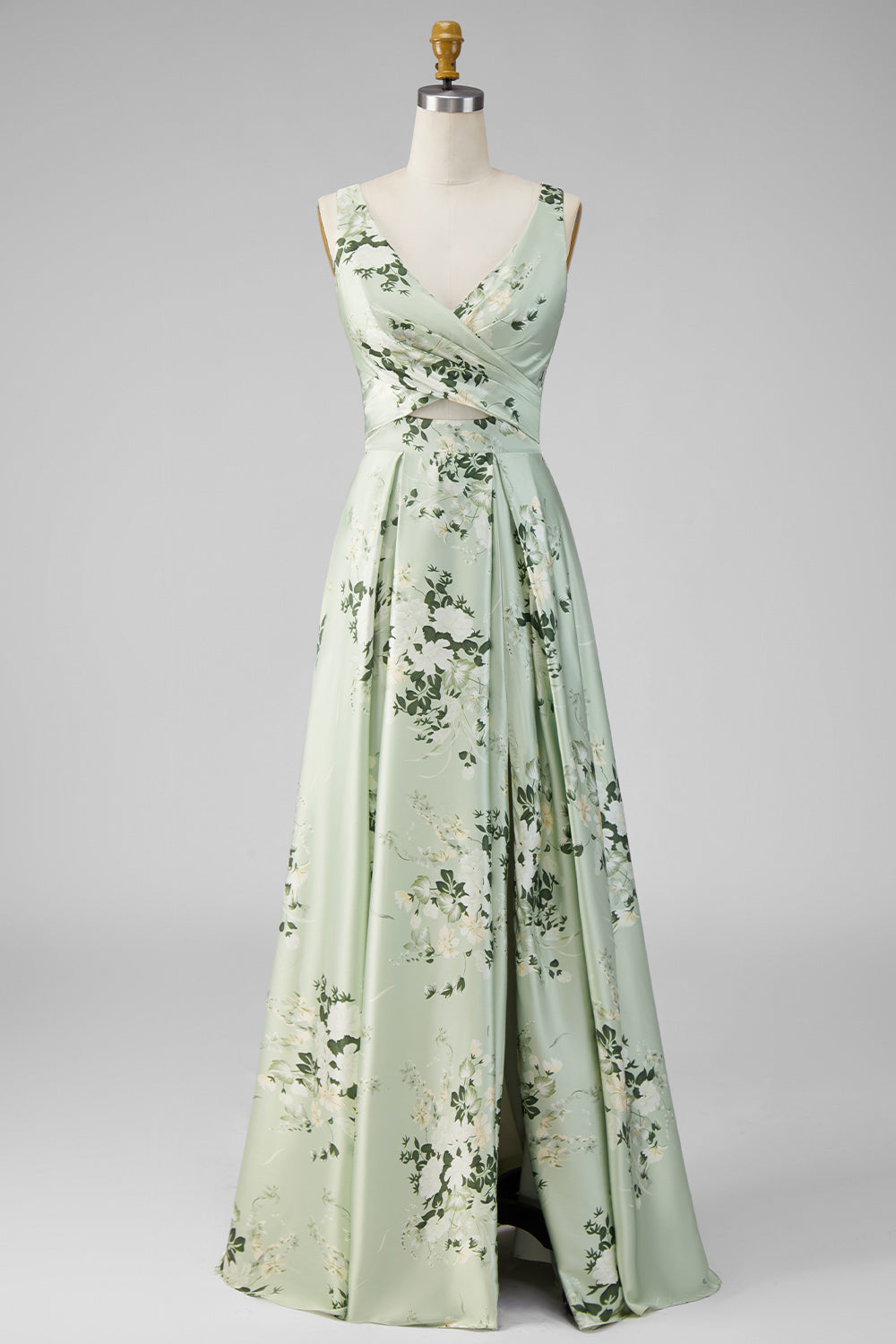 A-Line Sage Green Satin V-Neck Floral Long Bridesmaid Dress with Slit