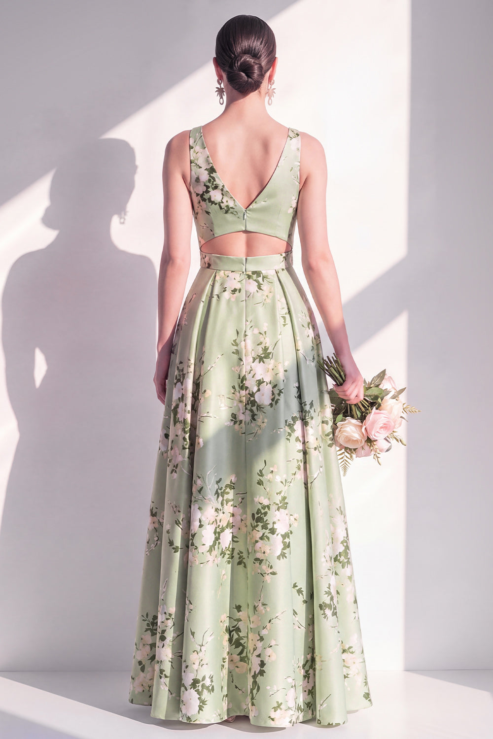 A-Line Sage Green Satin V-Neck Floral Long Bridesmaid Dress with Slit