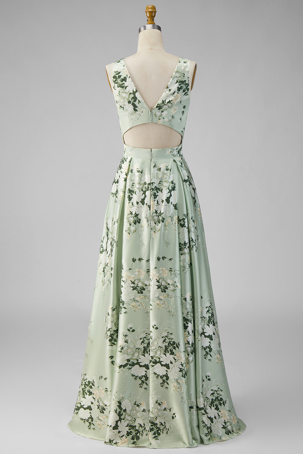 A-Line Sage Green Satin V-Neck Floral Long Bridesmaid Dress with Slit