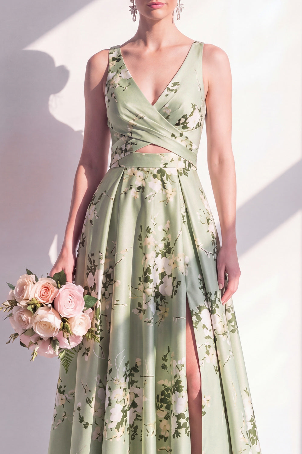 A-Line Sage Green Satin V-Neck Floral Long Bridesmaid Dress with Slit