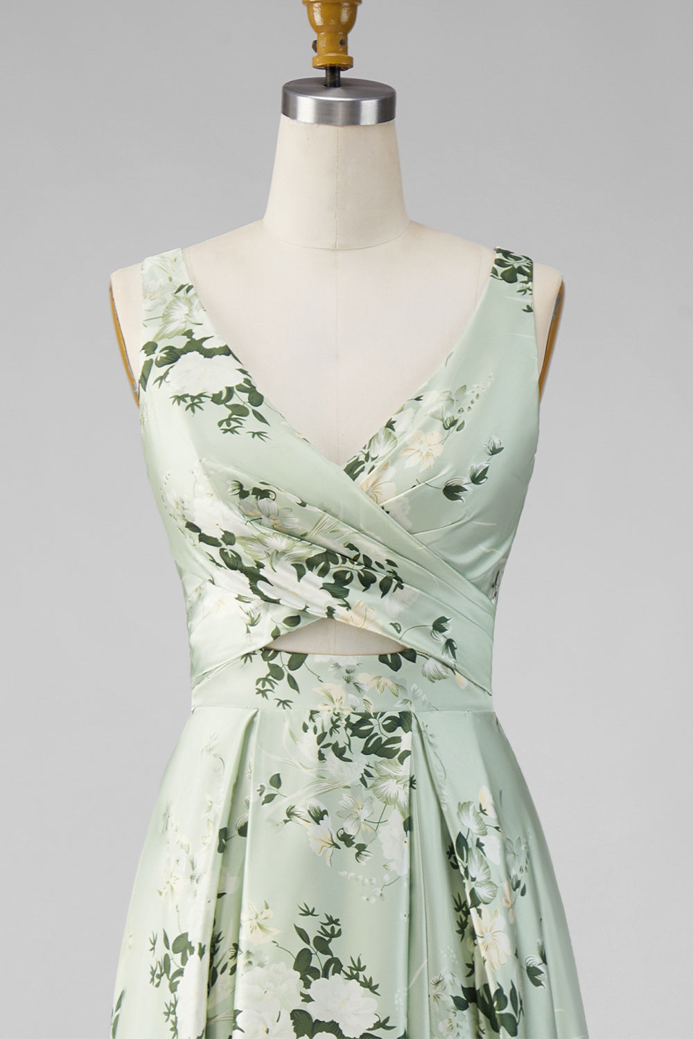 A-Line Sage Green Satin V-Neck Floral Long Bridesmaid Dress with Slit
