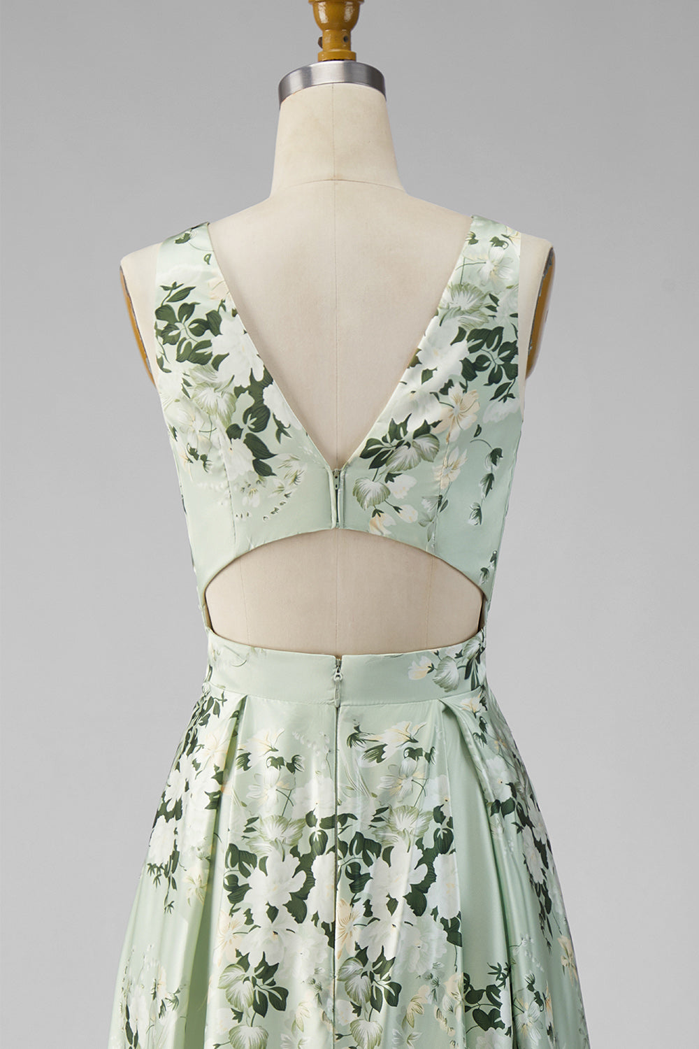 A-Line Sage Green Satin V-Neck Floral Long Bridesmaid Dress with Slit