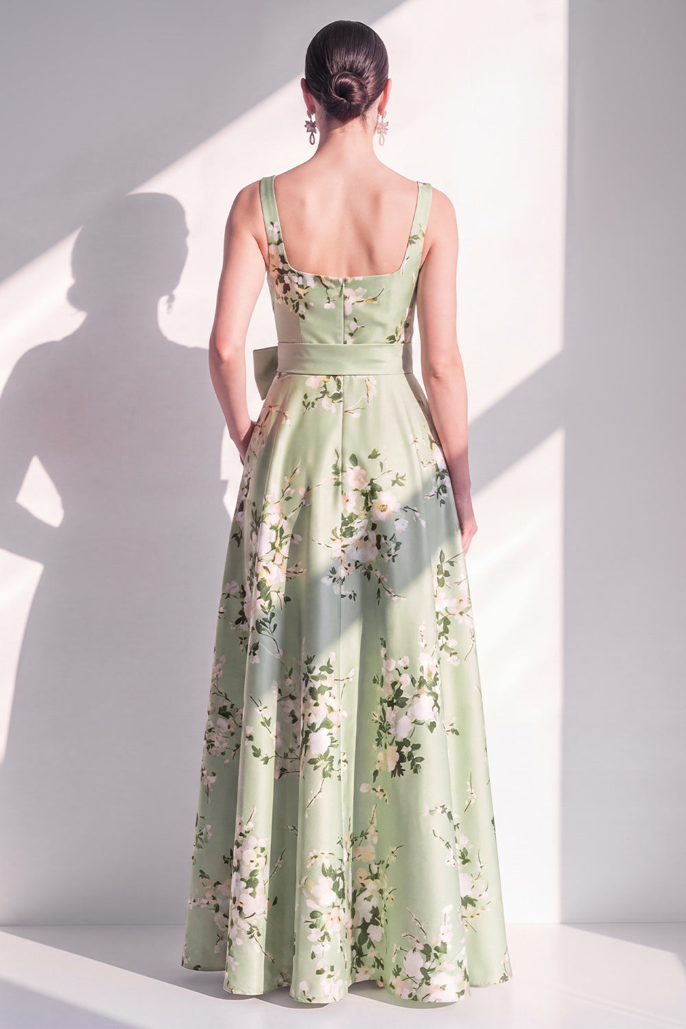 Satin A-Line Sage Green Square Neck Floral Long Bridesmaid Dress with Belt