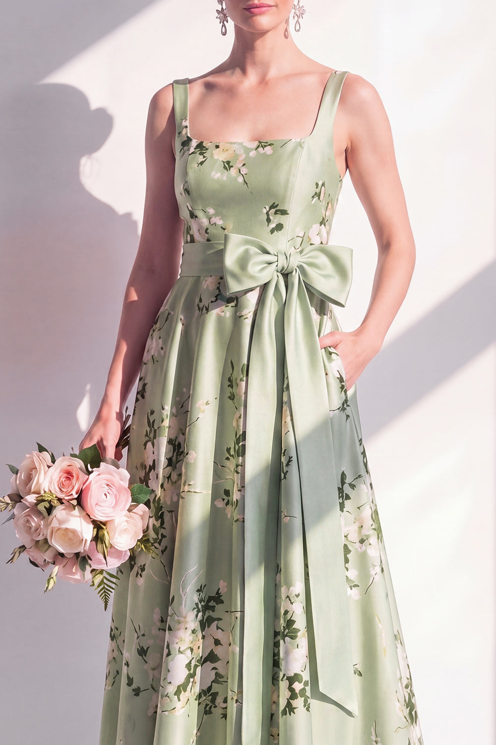 Satin A-Line Sage Green Square Neck Floral Long Bridesmaid Dress with Belt