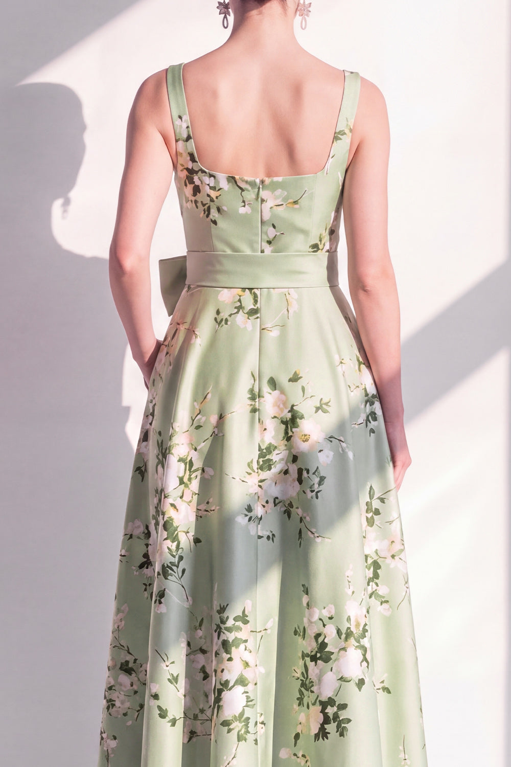 Satin A-Line Sage Green Square Neck Floral Long Bridesmaid Dress with Belt