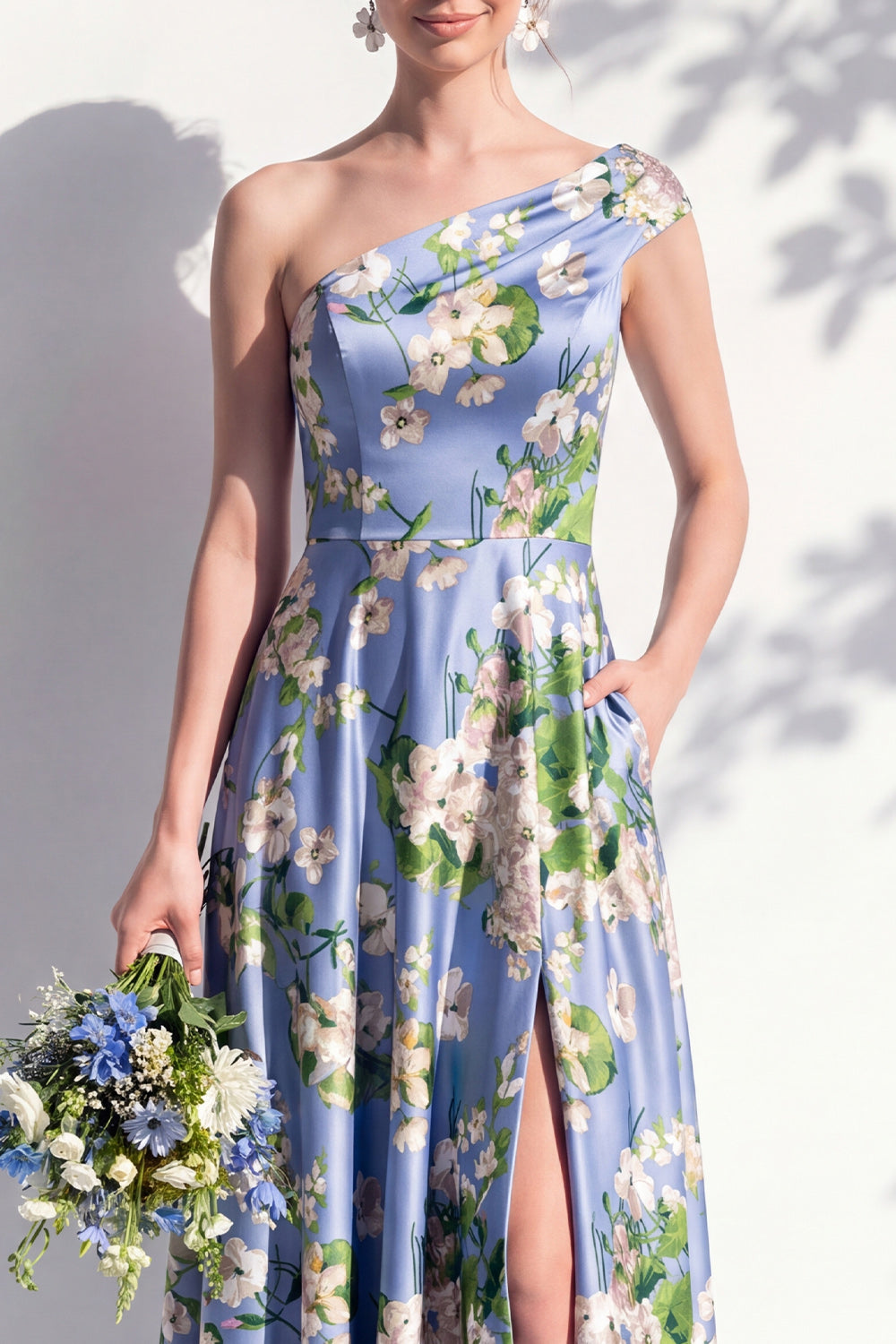 One Shoulder Blue Floral A-Line Bridesmaid Dress with Slit