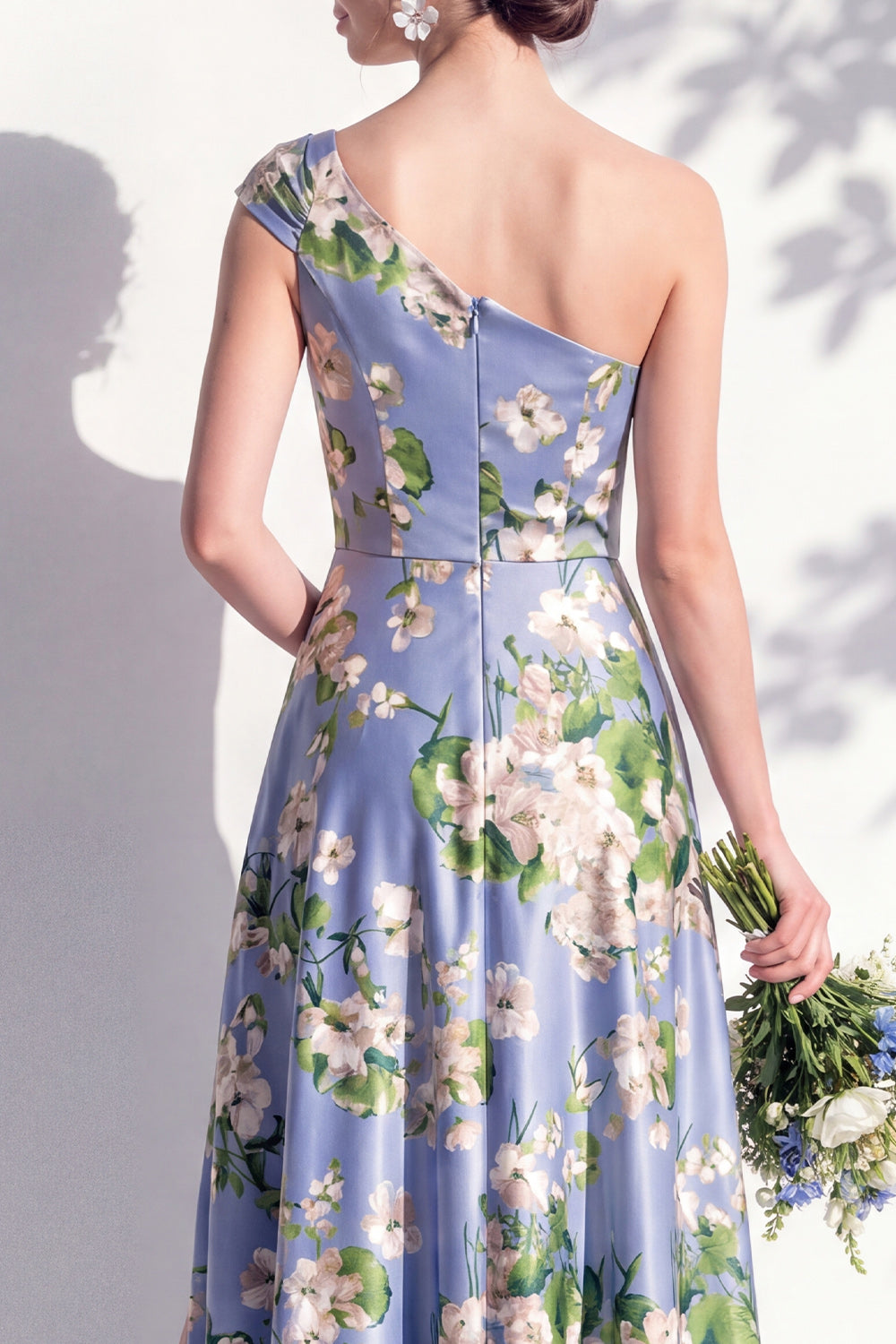 One Shoulder Blue Floral A-Line Bridesmaid Dress with Slit