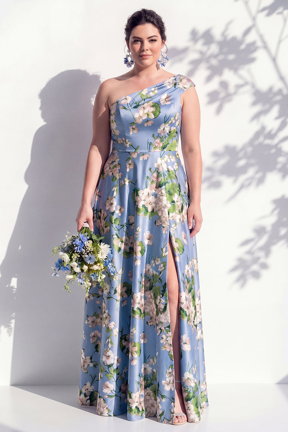One Shoulder Blue Floral A-Line Bridesmaid Dress with Slit