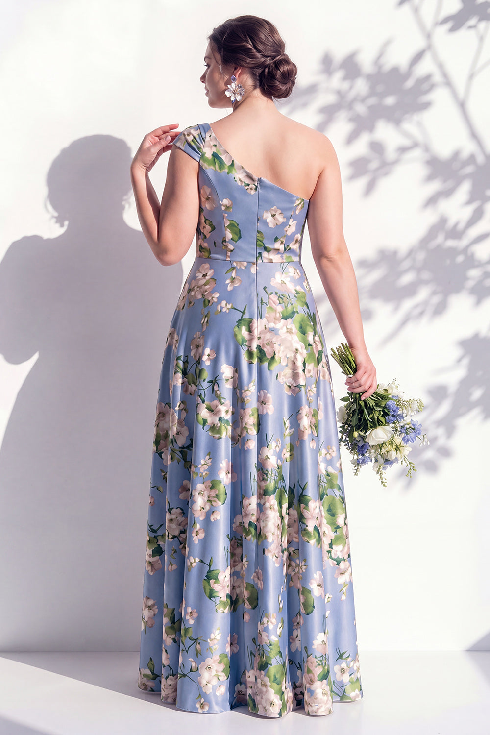One Shoulder Blue Floral A-Line Bridesmaid Dress with Slit