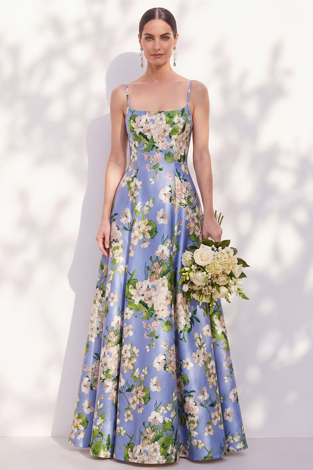 Blue Floral Spaghetti Straps A Line Bridesmaid Dress