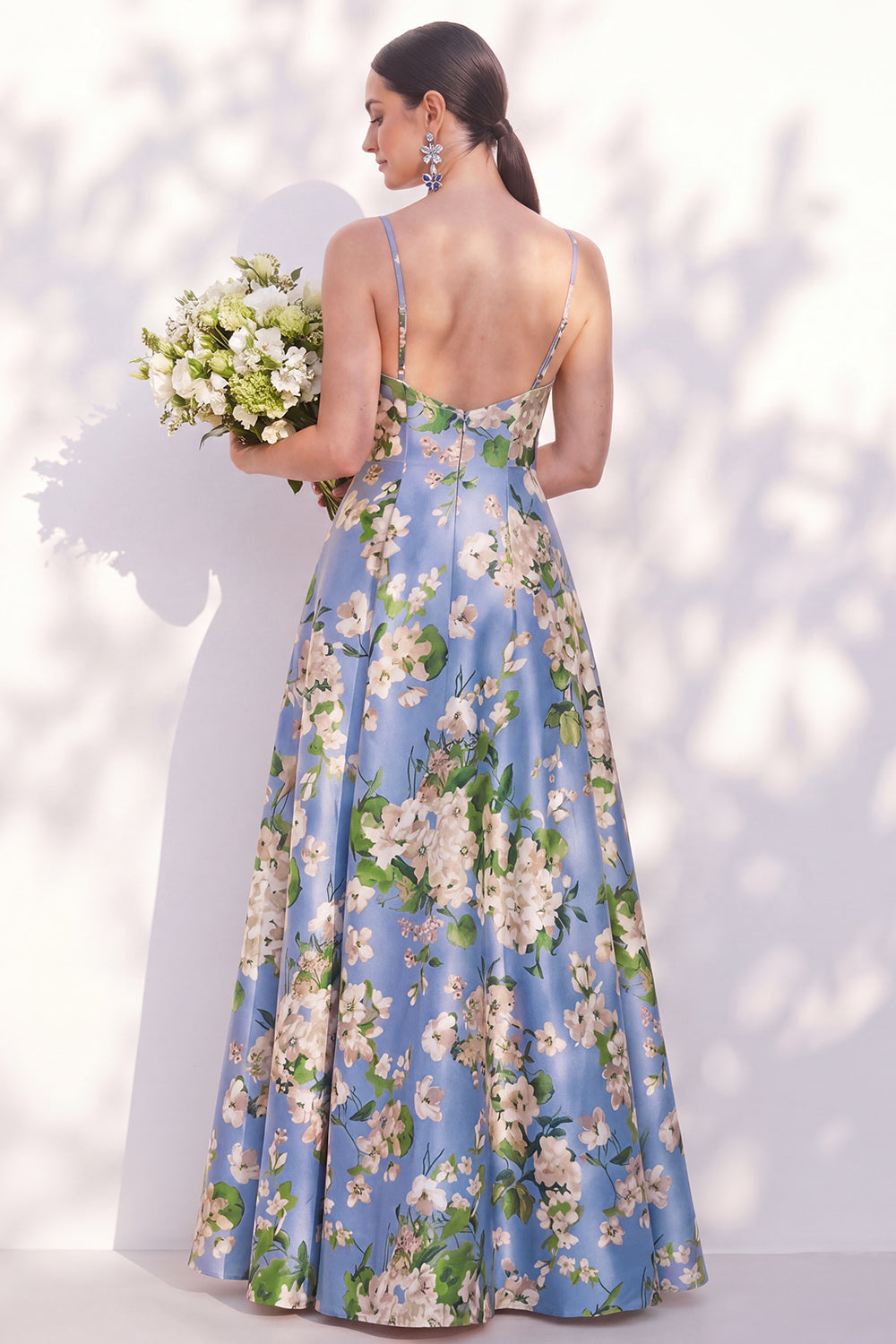 Blue Floral Spaghetti Straps A Line Bridesmaid Dress