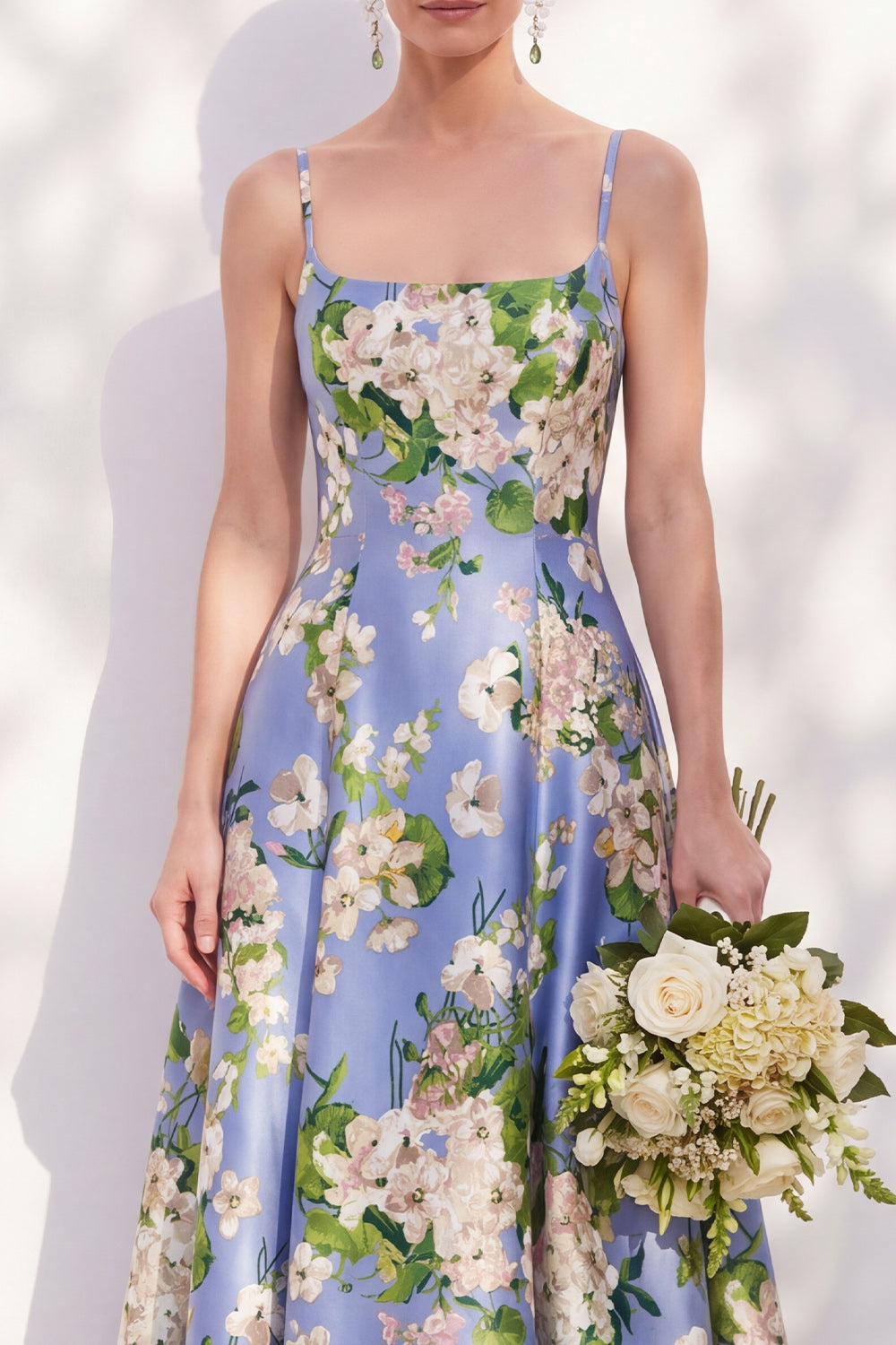 Blue Floral Spaghetti Straps A Line Bridesmaid Dress
