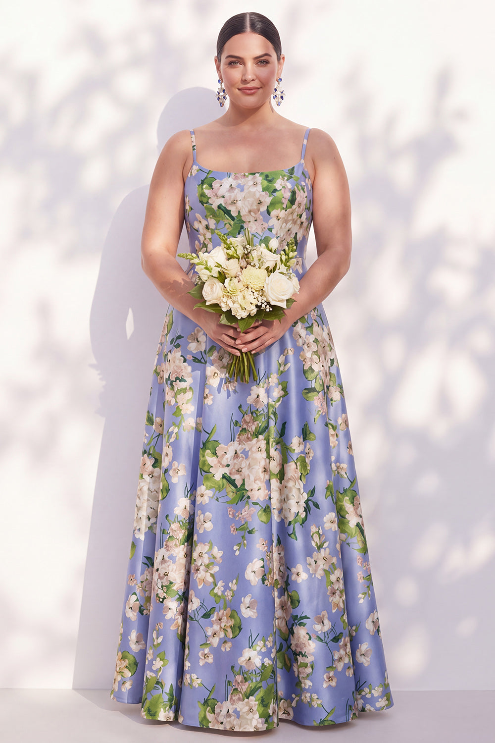 Blue Floral Spaghetti Straps A Line Bridesmaid Dress