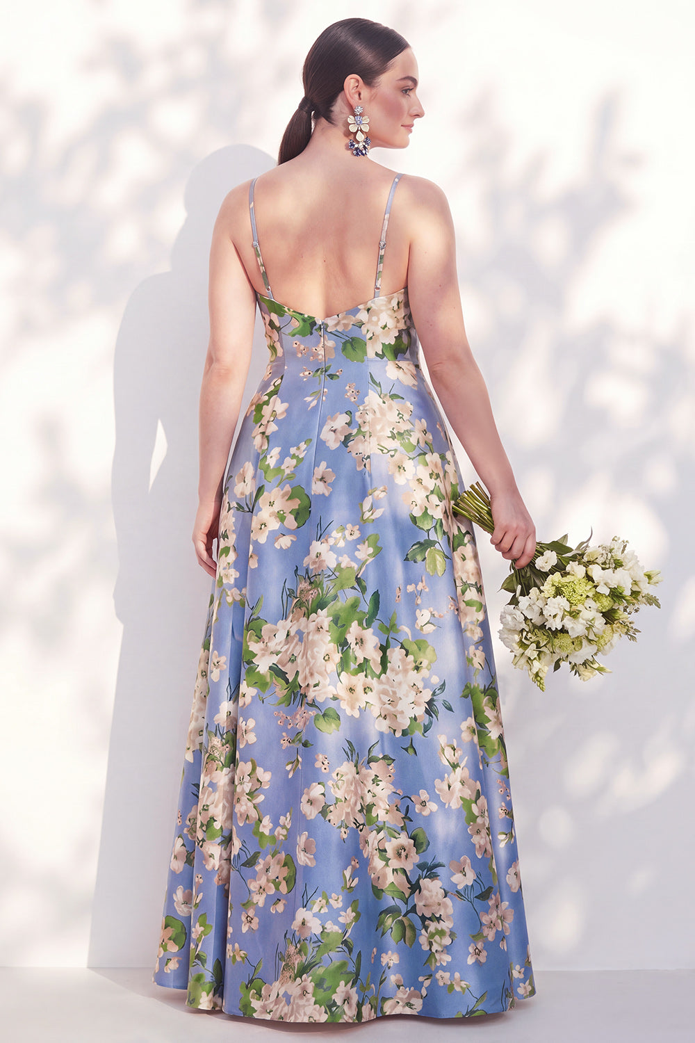 Blue Floral Spaghetti Straps A Line Bridesmaid Dress