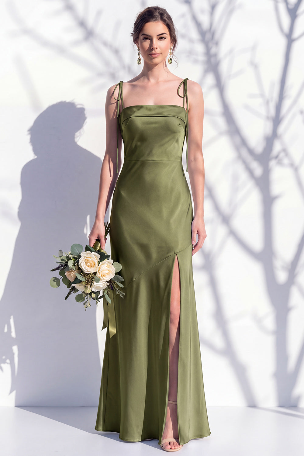 Robe de Demoiselle d'Honneur Fourreau Jaune à Bretelles Fines et Fente