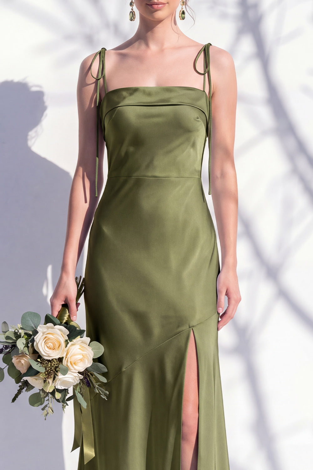 Robe de Demoiselle d'Honneur Fourreau Jaune à Bretelles Fines et Fente