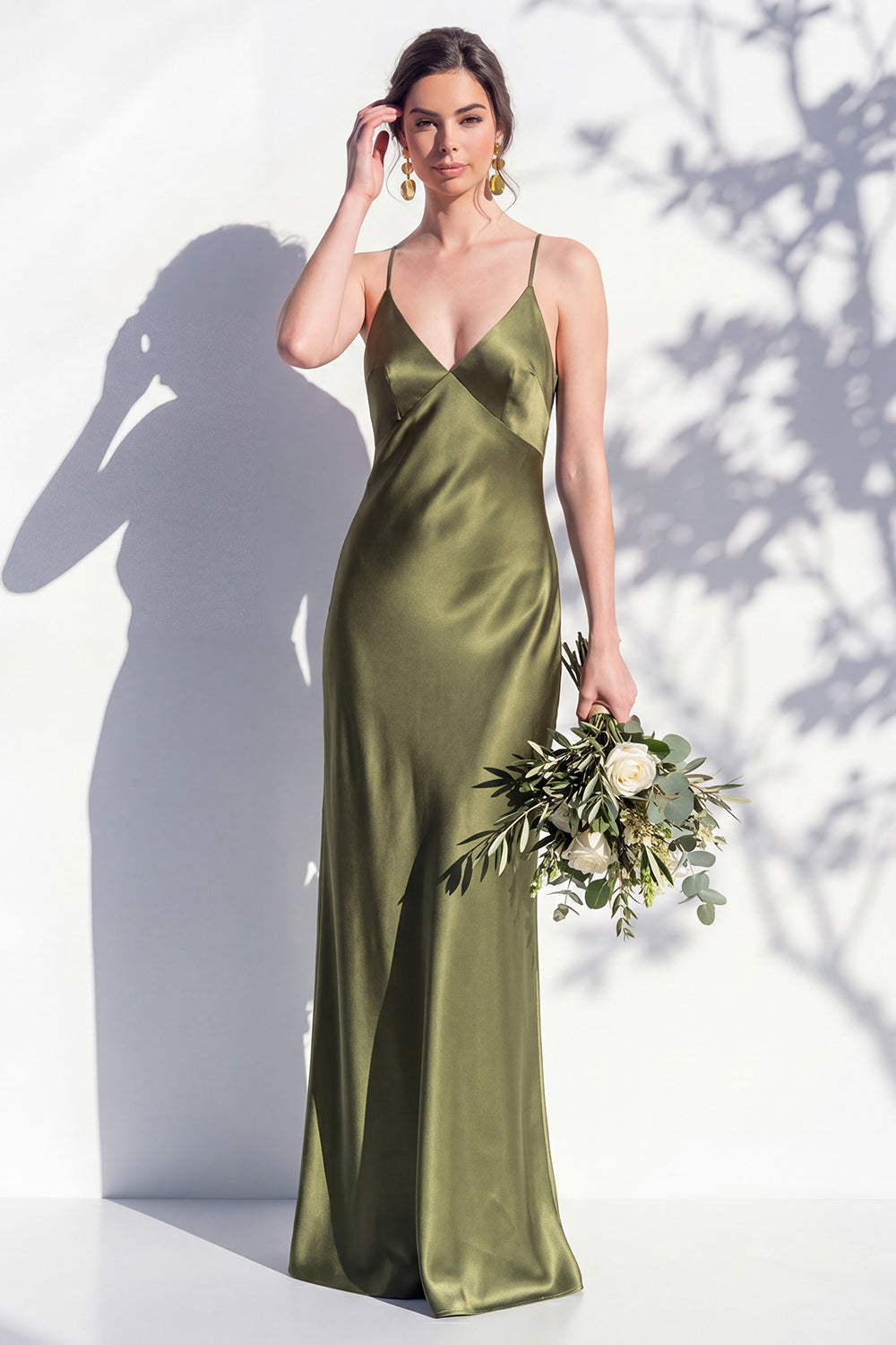 Robe fourreau jaune en satin à fines bretelles pour demoiselle d'honneur