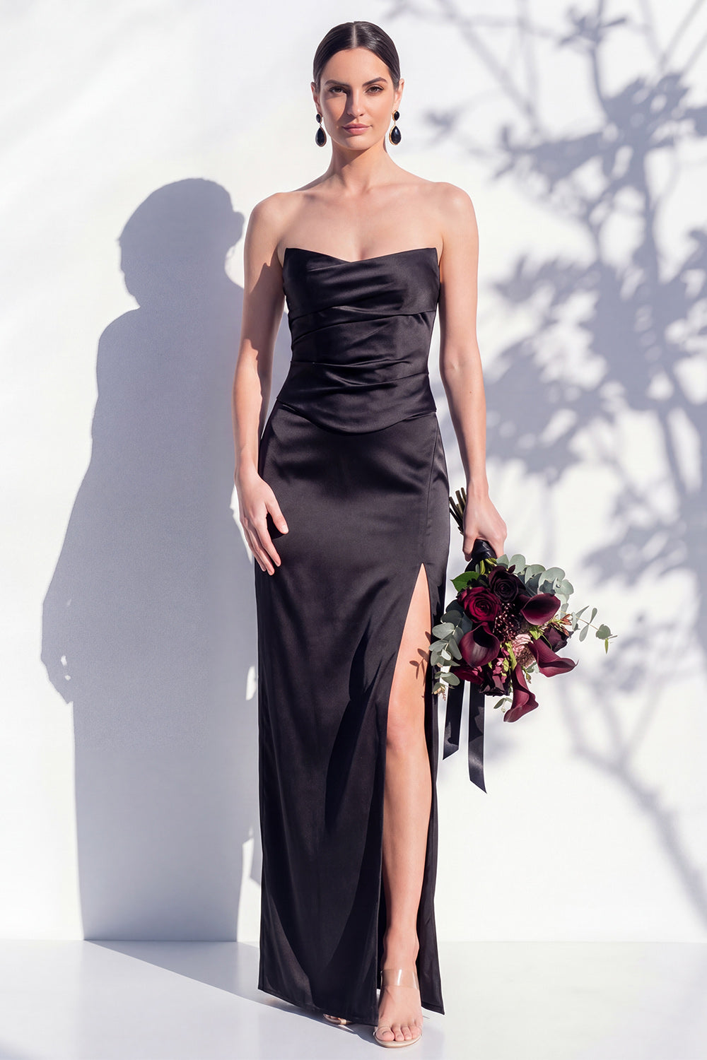 Strapless Yellow Satin Sheath Bridesmaid Dress with Slit