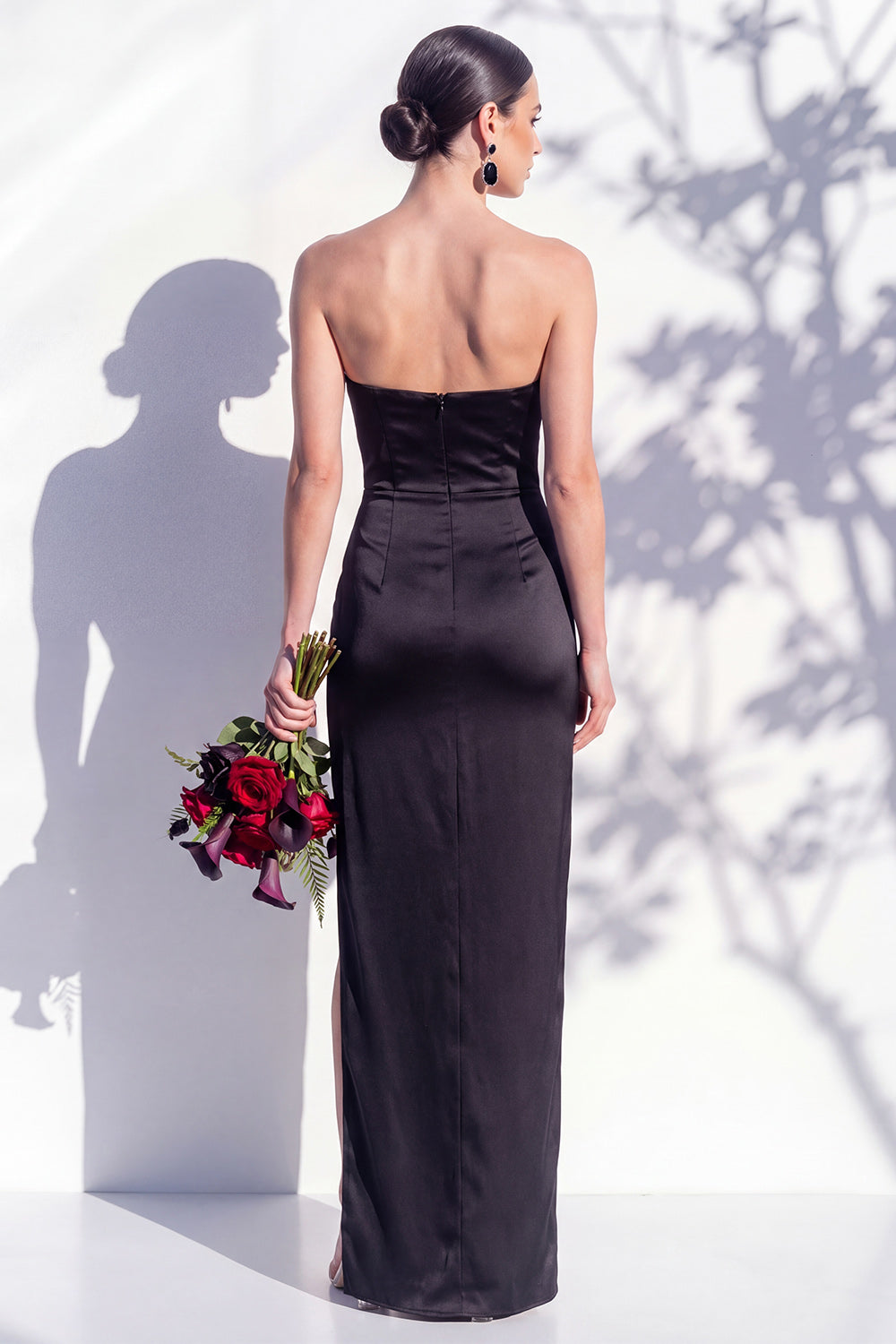Strapless Yellow Satin Sheath Bridesmaid Dress with Slit