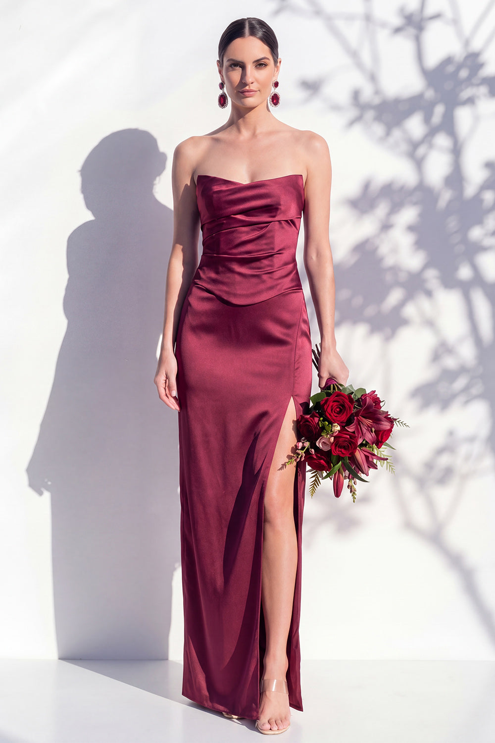 Strapless Yellow Satin Sheath Bridesmaid Dress with Slit