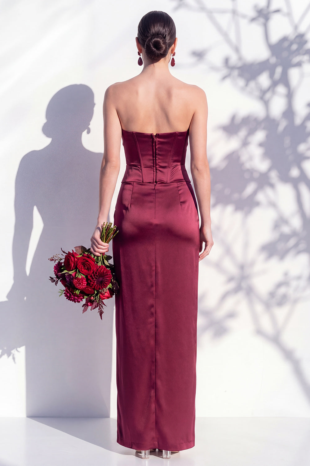 Strapless Yellow Satin Sheath Bridesmaid Dress with Slit