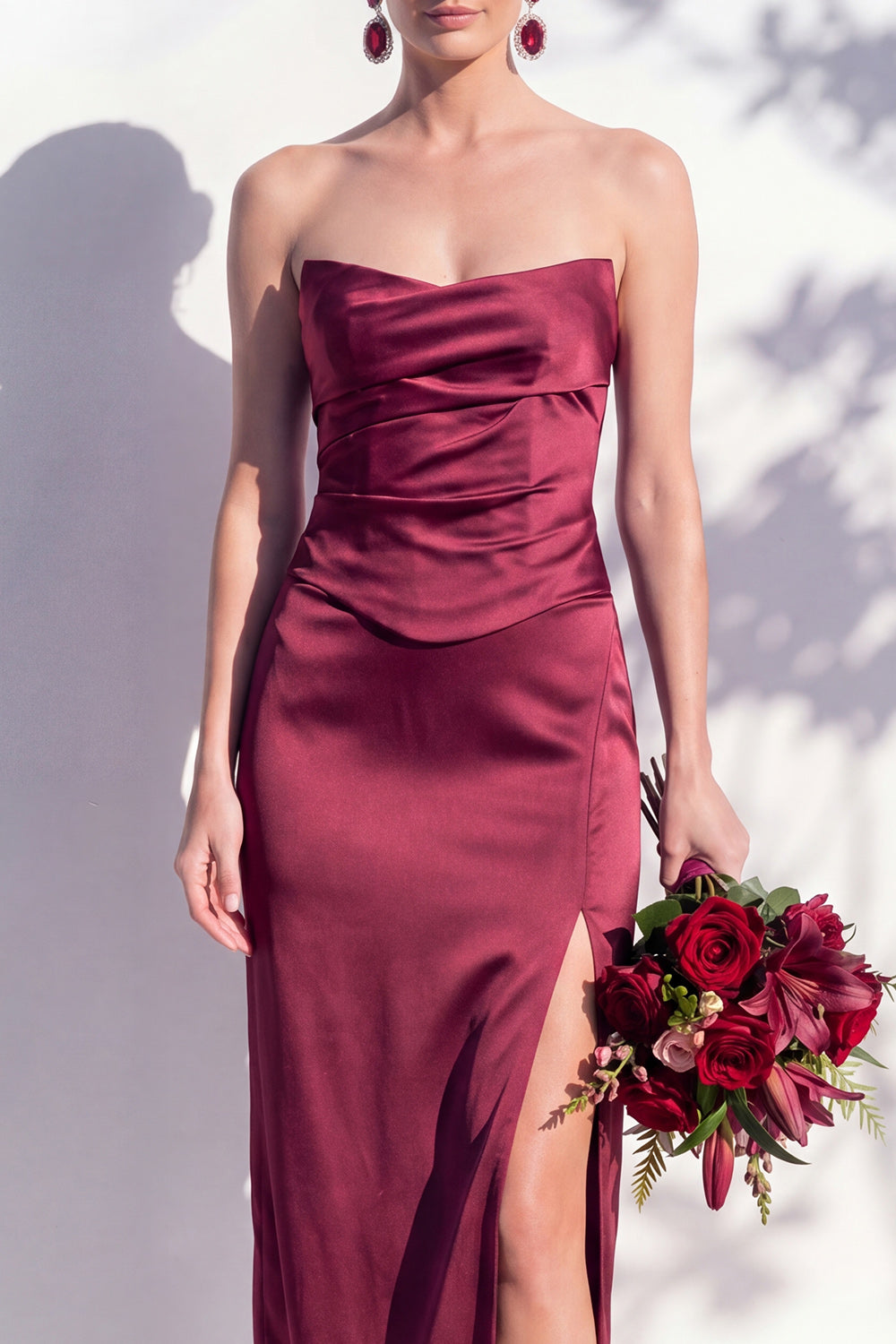 Strapless Yellow Satin Sheath Bridesmaid Dress with Slit