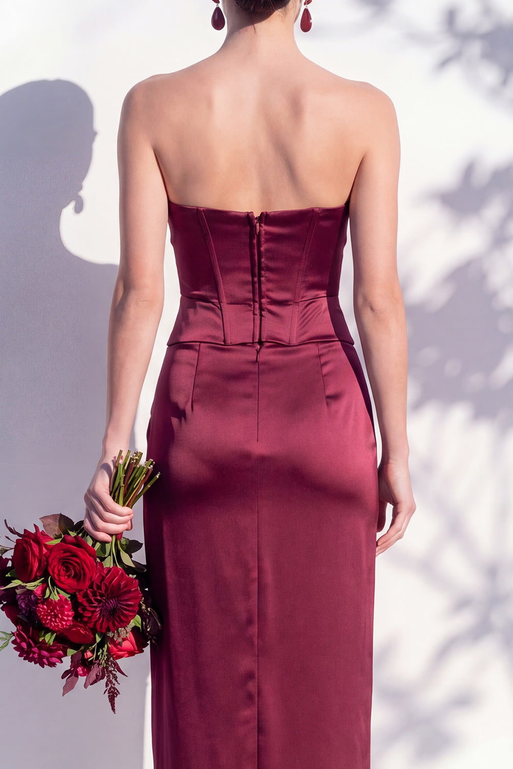 Strapless Yellow Satin Sheath Bridesmaid Dress with Slit