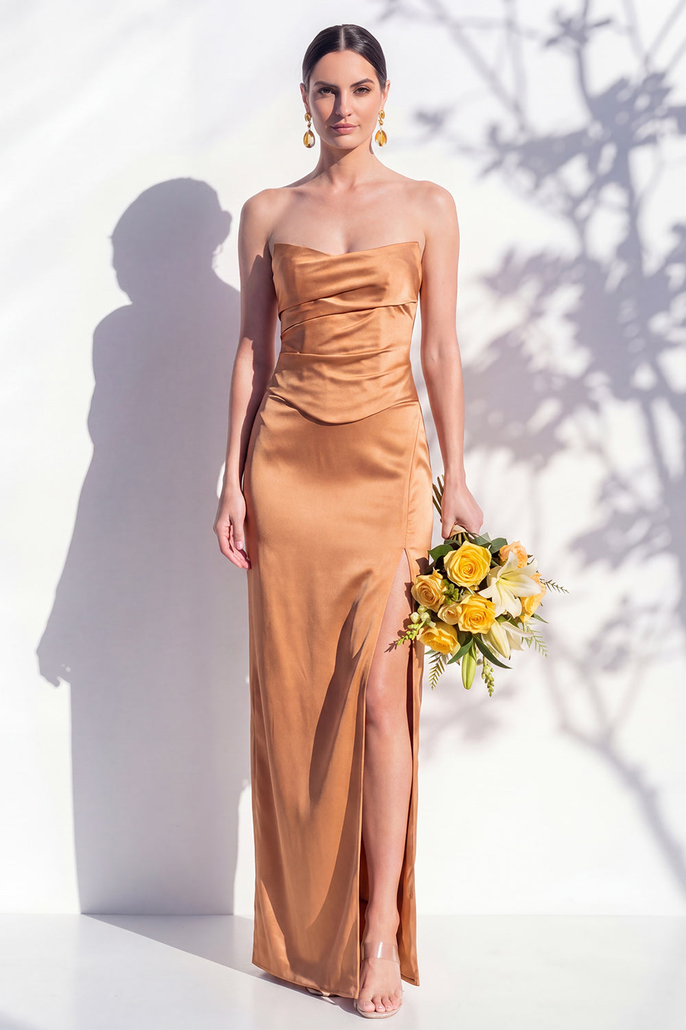 Strapless Yellow Satin Sheath Bridesmaid Dress with Slit