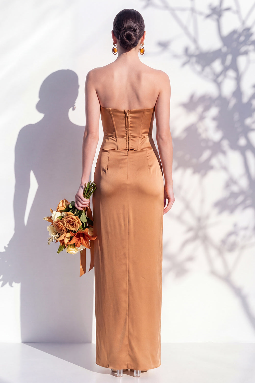 Strapless Yellow Satin Sheath Bridesmaid Dress with Slit